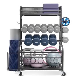 VEVOR Yoga Mat Storage Rack, Home Gym Workout Equipment Organizer, Powder Coated Finish Steel Yoga Mat Holder with Hooks & Wheels (Size - Length: 31.3 inch)